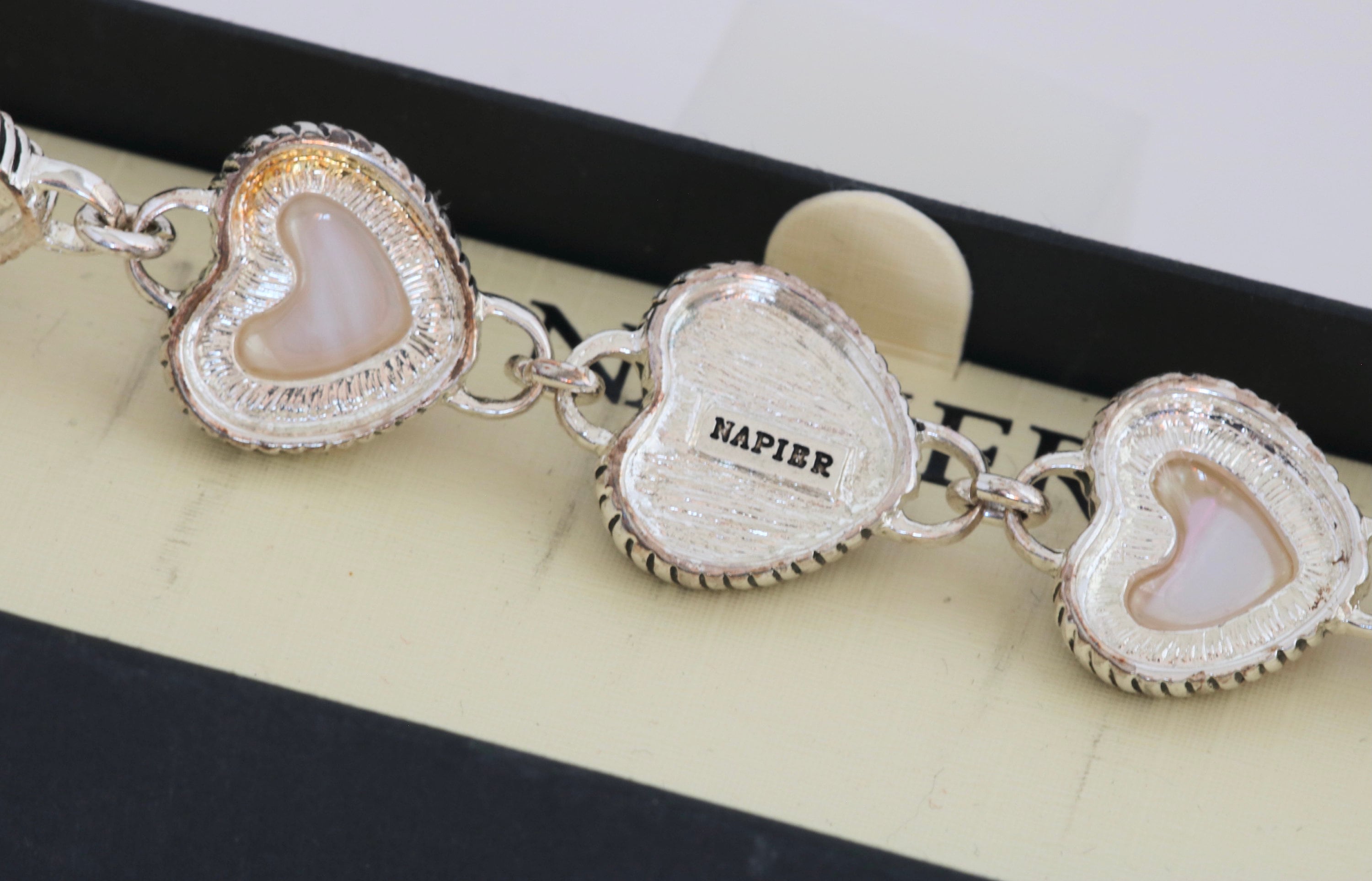Napier Faceted Peachy Pink Glass Heart Silver Tone Link Bracelet