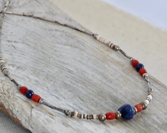 Liquid Silver Southwestern Necklace with Coral Lapis and Heishi Shells // Vintage Jewelry // luluglitterbug