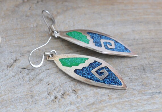 Inlaid Turquoise and Silver Dangle Earrings Signe… - image 1
