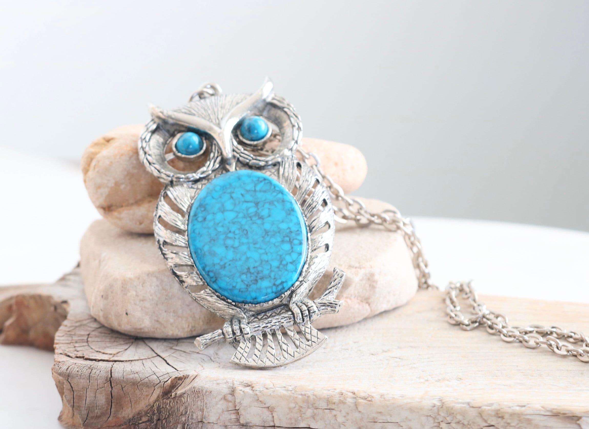 Large Owl Pendant Statement Necklace with Turquoise Cabochon // Vintage Jewelry // luluglitterbug