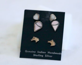 Set of Three Native American Sterling Silver Stud Earrings with Mother of Pearl OLD STOCK  // Vintage Jewelry // luluglitterbug