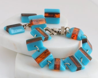 Turquoise Faux Wood Lucite Bracelet and Clip On Earring Set // Retro Glam Jewelry //  luluglitterbug