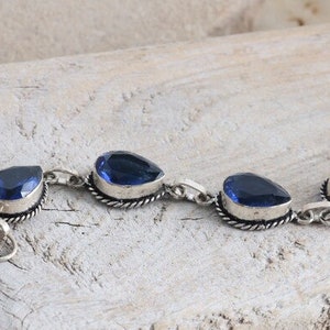 Sterling Silver Blue Glass Gemstone Link Bracelet Marked 925  // Vintage Estate Jewelry // luluglitterbug