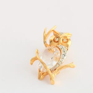 Vintage Crystal Owl Tack Pin - Gold Tone Brooch with Rhinestones // lululglitterbug