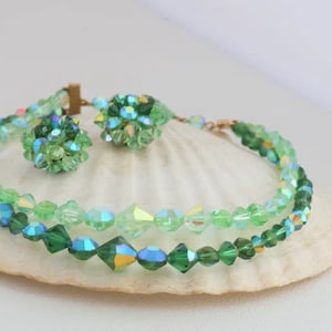 Emerald and Light Green Double Strand Crystal Glass Choker Necklace and Clip on Earring Set  // Vintage Jewelry // luluglitterbug