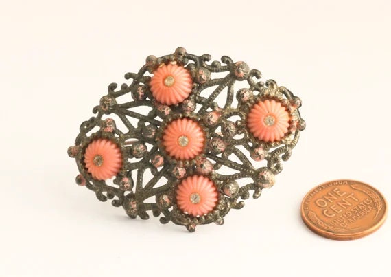 Art Deco Pot Metal Brooch Pin with Early Plastic … - image 2