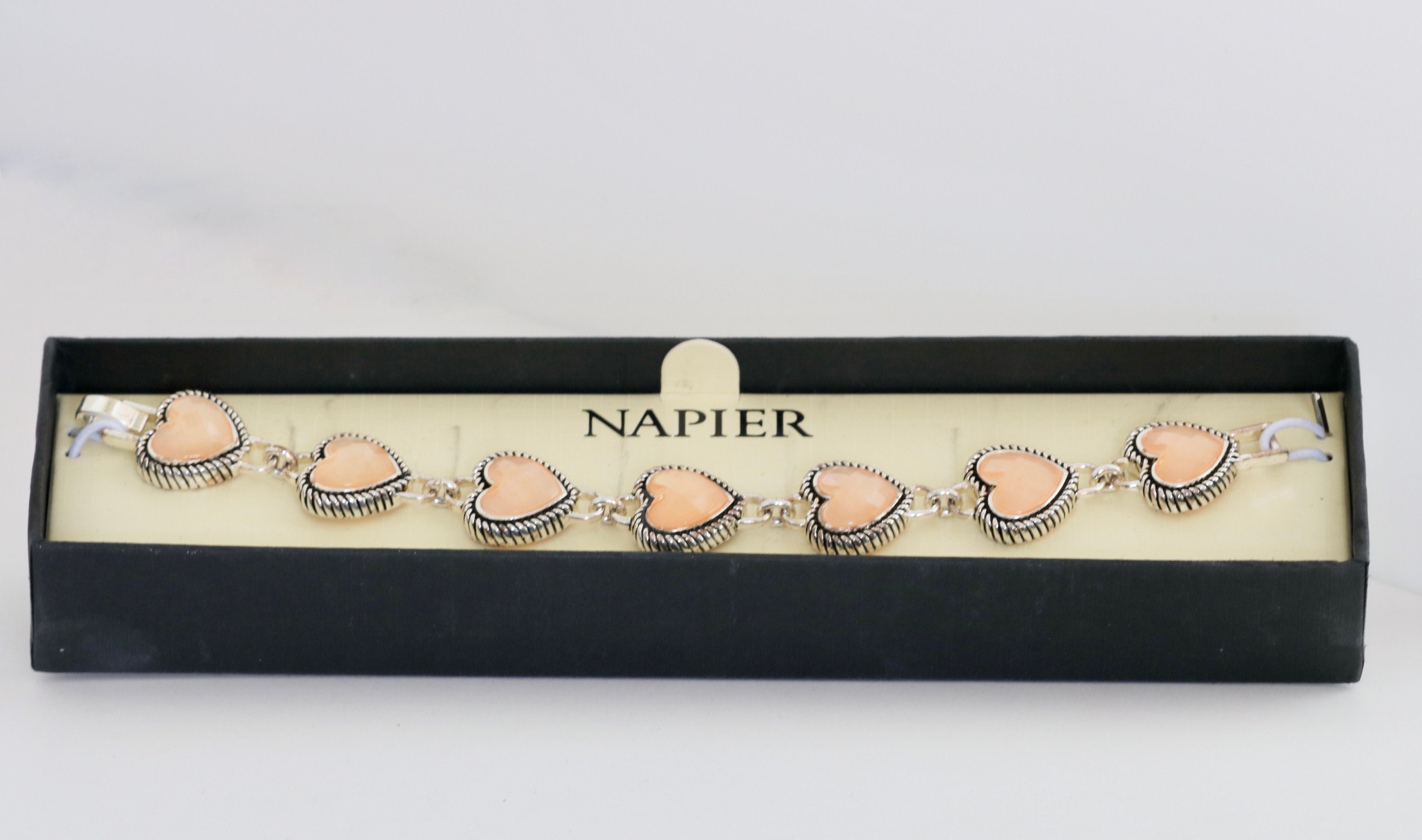 Napier Faceted Peachy Pink Glass Heart Silver Tone Link Bracelet