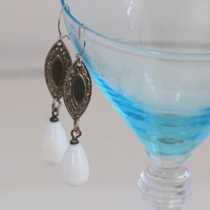 Vintage White Milk Glass Dangle Drop Pierced Earrings // Artisan Handcrafted Jewelry // luluglitterbug