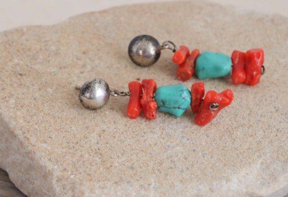 Vintage Artisan Red Coral and Turquoise Dangle Dr… - image 2