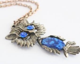 Collana vintage con gufo, ciondolo in ceramica blu e occhi di strass - Catena da 60 cm