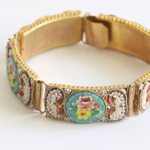 Vintage Italian Micro Mosaic Floral Panel Bracelet - 7.5&quot; Length // luluglitterbug