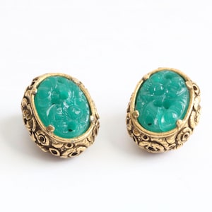 Vintage Green Peking Glass Clip On Statement Earrings - Art Deco Style  // luluglitterbug