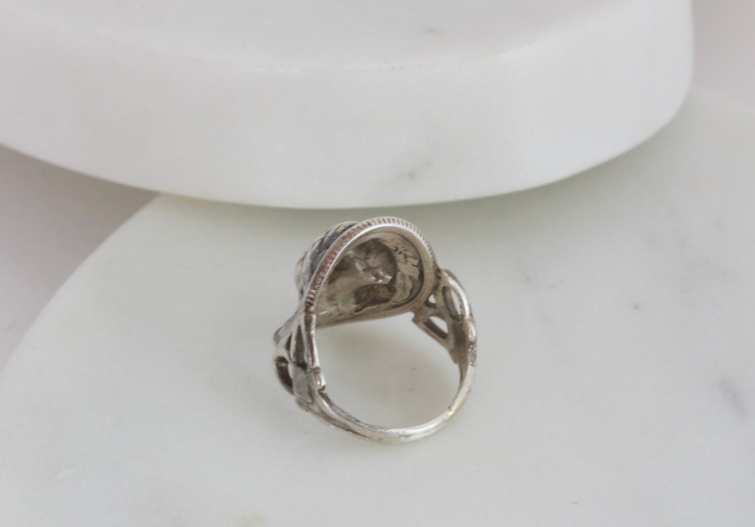 1912 Art Nouveau Repousse Female Face Sterling Silver Coin Ring Size 3. ...