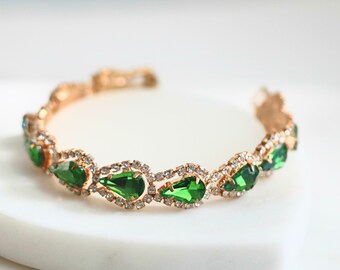 Emerald Green Clear Rhinestone  Elegant Bracelet // Vintage Jewelry // luluglitterbug