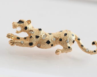 Leopard Brooch, Gold Tone Metal with Clear Rhinestones and Black Enamel, 1 x 3 Inch