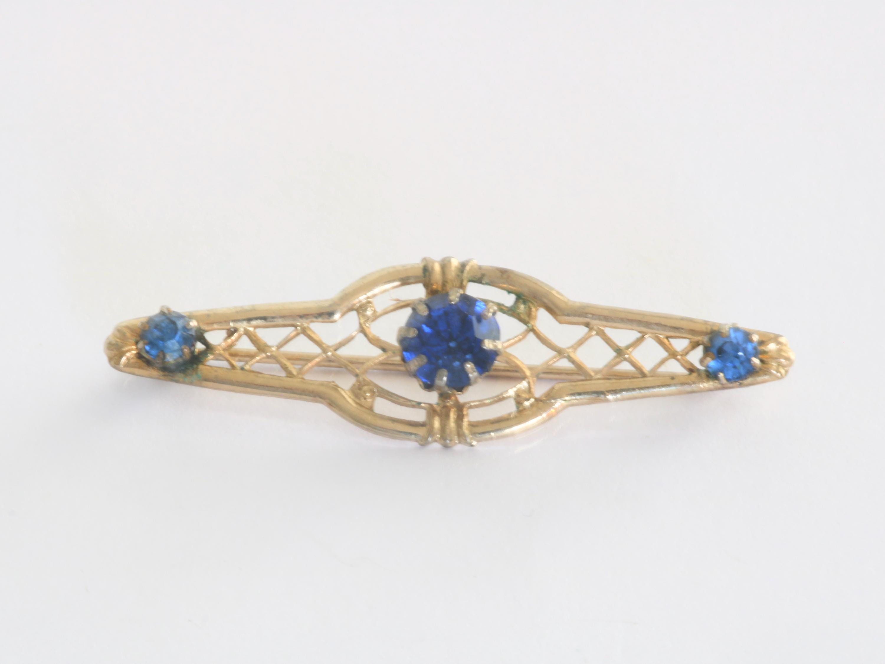 Antique Edwardian Style Filigree Bar Brooch with Cobalt Blue Sapphire Rhinestone // luluglitterbug