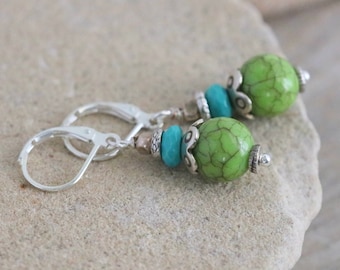 Turquoise and Upcycled Vintage Bead Sterling Silver Earrings // Handmade Jewelry // luluglitterbug