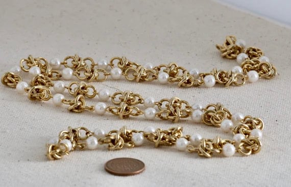Opera Length Gold Tone and Faux Pearl Necklace //… - image 3