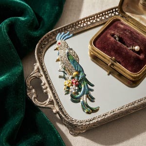 Broche vintage, broche de ave del paraíso con diamantes de imitación y esmalte, década de 1940.