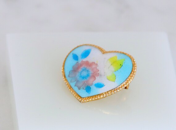 Small Enamel Heart Brooch Pin with Butterfly and … - image 4
