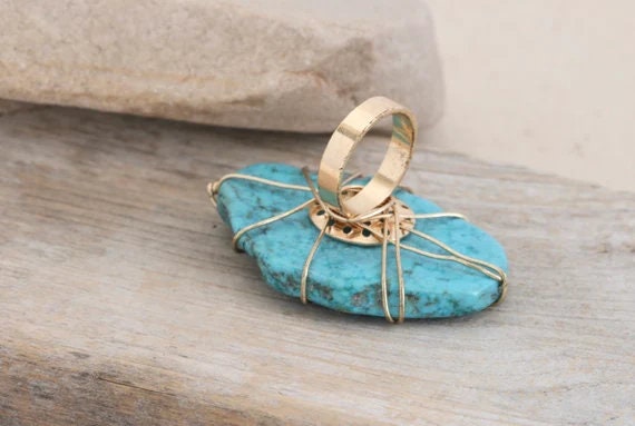 Statement Wire Wrapped Vintage Turquoise Slab Rin… - image 4
