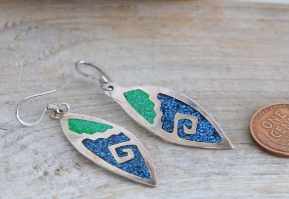 Inlaid Turquoise and Silver Dangle Earrings Signe… - image 5
