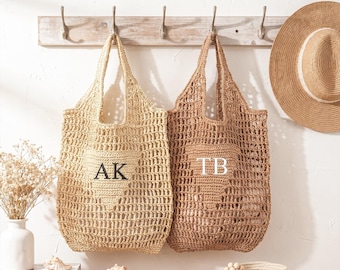 Personalized Raffia Beach Tote Bag, Custom Initial Straw Bag, Bachelorette Gift