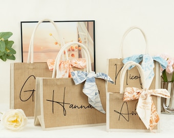 Custom Bridesmaid Bags, Burlap Tote with Name, Beach bag, Gift Bag with Alphabett Scarf, Personalized Jute Bag for Bridesmaid Gift,Gift Bag