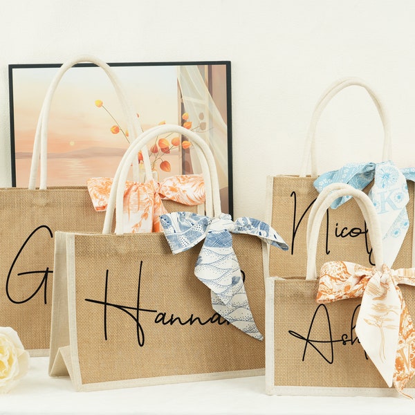 Custom Bridesmaid Bags, Burlap Tote with Name, Beach bag, Gift Bag with Alphabett Scarf, Personalized Jute Bag for Bridesmaid Gift,Gift Bag