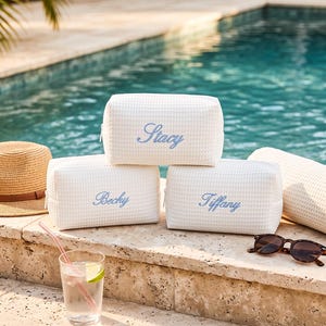 Personalized Waffle Cosmetic Bag, Embroidered Monogram Toiletry Bag, Bridesmaid Gift