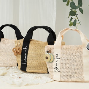 Personalisierte Brautjungfer Strand stroh Taschen, Sackleinen Einkaufstasche, Brautjungfer Strand Tasche, Hochzeitsgeschenk Tasche, Brautdusche Tasche, Hochzeit Gastgeschenke