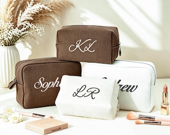 Personalized Waffle Cosmetic Bag, Embroidered Monogram Toiletry Bag, Bridesmaid Gift