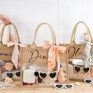 Personalized Bridesmaid Tote Bags,Bachelorette Gift Bag,Burlap Tote With Name,Transparent Beach Tote,Jute Bag,Bridesmaid Gift,Wedding Favors