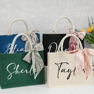 Personalized Bridesmaid Bags With Name Scarf,BurlapTote Bags,Bridesmaid Gift Bag,Bachelorette Party Bags,Monogram Tote Bag,Bridal Shower Bag