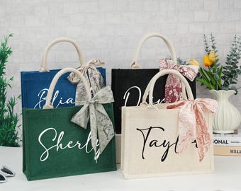 Personalized Bridesmaid Bags With Name Scarf,BurlapTote Bags,Bridesmaid Gift Bag,Bachelorette Party Bags,Monogram Tote Bag,Bridal Shower Bag