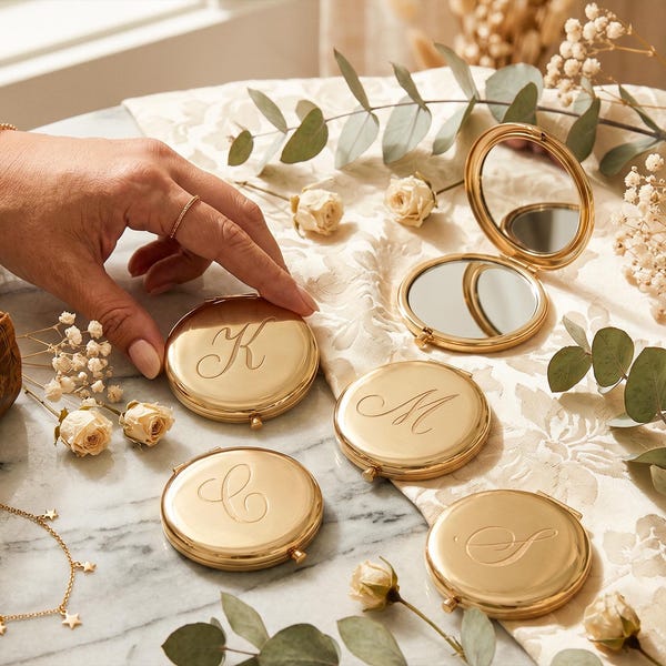 Personalisierter goldener Kompaktspiegel, individuell gravierter Taschen-Schminkspiegel mit Monogramm, Geschenk für Brautjungfern
