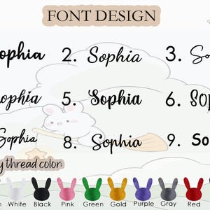Pode incluir: Imagem mostrando nove designs de fontes cursivas diferentes para o nome "Sophia". Abaixo das fontes est&atilde;o op&ccedil;&otilde;es de cores para a linha de bordar, incluindo marrom, branco, preto, rosa, verde, dourado, roxo, cinza, vermelho e azul.