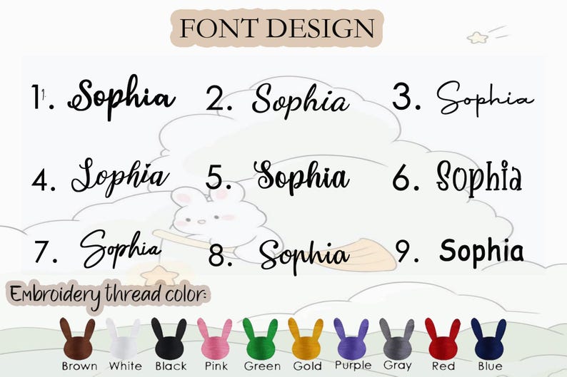 Pode incluir: Imagem mostrando nove designs de fontes cursivas diferentes para o nome "Sophia". Abaixo das fontes est&atilde;o op&ccedil;&otilde;es de cores para a linha de bordar, incluindo marrom, branco, preto, rosa, verde, dourado, roxo, cinza, vermelho e azul.