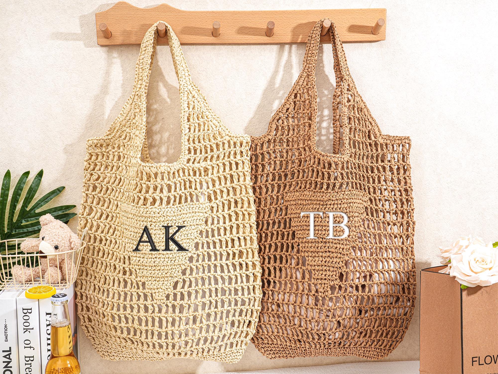 Personalized Raffia Beach Tote Bag,Embroidery Straw Bag,Monogram Bridesmaid Bags,Initial Woven Tote,Bachelorette Party Bag,Party Favor Bag