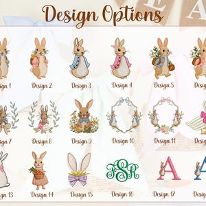 Pode incluir: Uma cole&ccedil;&atilde;o de 18 desenhos de coelhos bordados, cada um com um estilo &uacute;nico. Os desenhos incluem coelhos com cestos, grinaldas florais e letras monogramadas. O texto "Design Options" est&aacute; no topo.