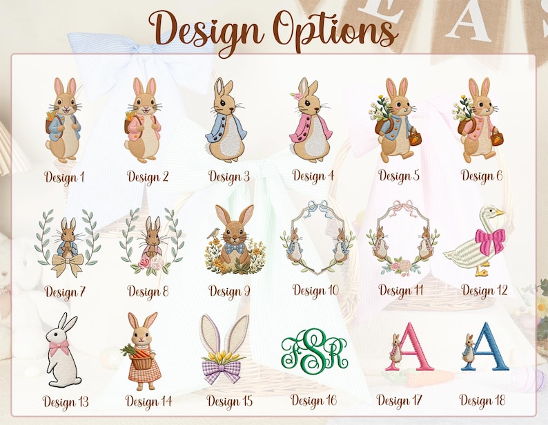 Pode incluir: Uma cole&ccedil;&atilde;o de 18 desenhos de coelhos bordados, cada um com um estilo &uacute;nico. Os desenhos incluem coelhos com cestos, grinaldas florais e letras monogramadas. O texto "Design Options" est&aacute; no topo.