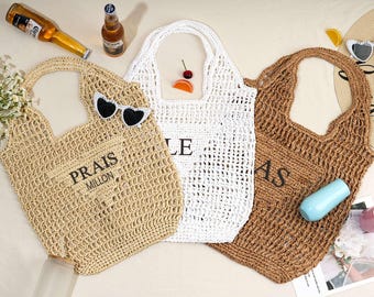Personalized Embroidery Raffia Beach Tote Bag, Monogram Woven Straw Bag