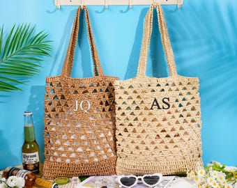 Personalized Embroidery Raffia Beach Tote Bag, Custom Straw Bag