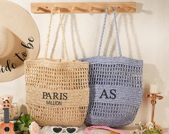 Op maat geborduurde strandtas van raffia: gepersonaliseerde geweven strozak