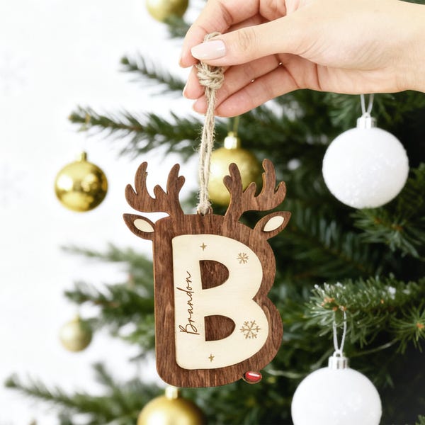 Personalized Wood Deer Antler Letter Ornament, Family Keepsake
