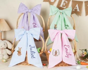Lazo de cesta de Pascua personalizado de seersucker, cinta decorativa con asa monogramada