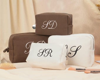 Personalized Waffle Cosmetic Bag, Embroidered Monogram Toiletry Bag, Bridesmaid Gift