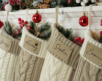 Media navideña de punto personalizada: parche de cuero grabado, decoración navideña