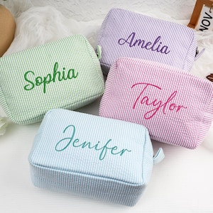 Personalized Bridesmaid Embroidered Makeup Bag,Embroidered Seersucker Cosmetic Bag,Travel makeup Bag,Monogrammed Toiletry Bag,Gift for Her