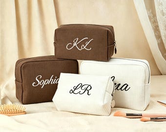 Personalized Waffle Cosmetic Bag, Embroidered Monogram Toiletry Bag, Bridesmaid Gift